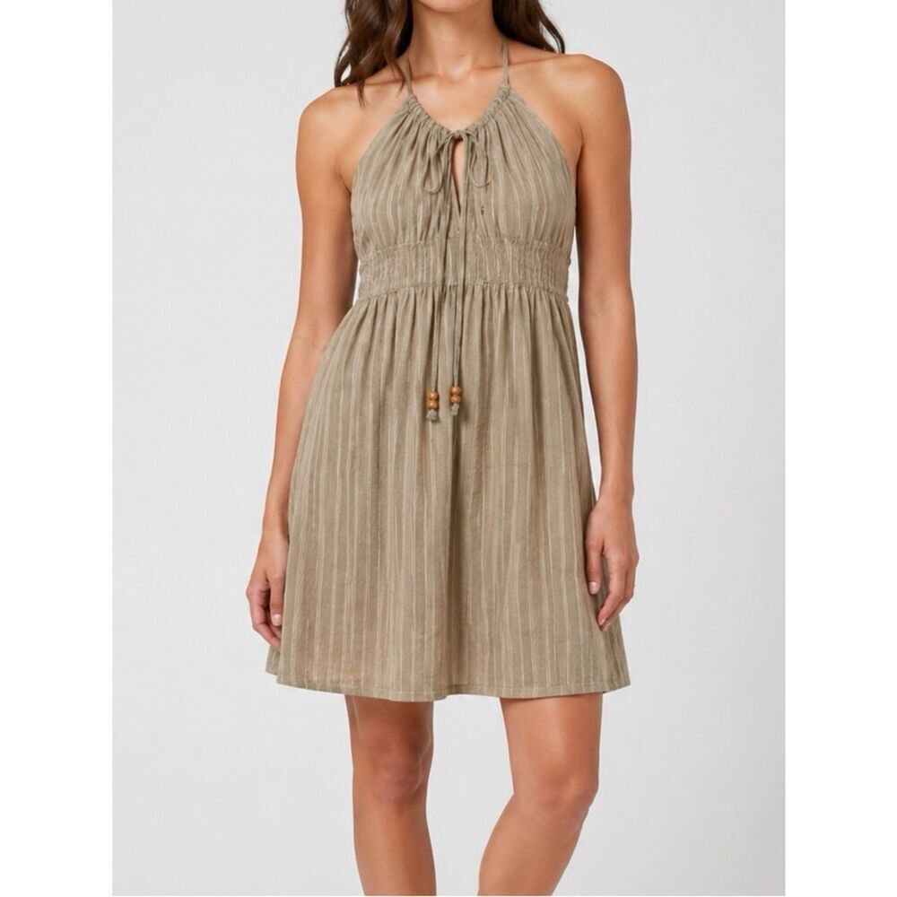 Funky People Boho Halter Dress Tan Beige Striped Cotton Size Medium